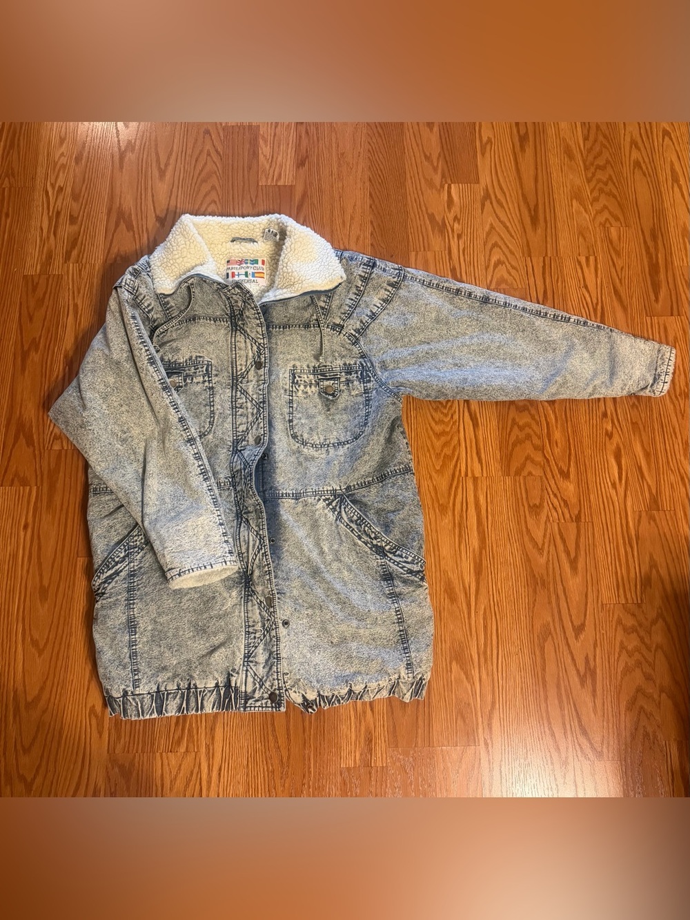 Vintage 80s Paris Sport Club Acid Wash Denim Long Sherpa Jacket Fringe Medium